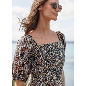 Garnet Hill Linen Puff Sleeve Midi Dress Women Medium Multi Cottagecore Boho